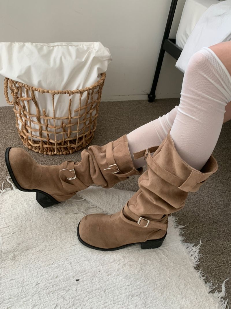 Rustle Buckle Strap Soft Slouch Suede Long Boots
