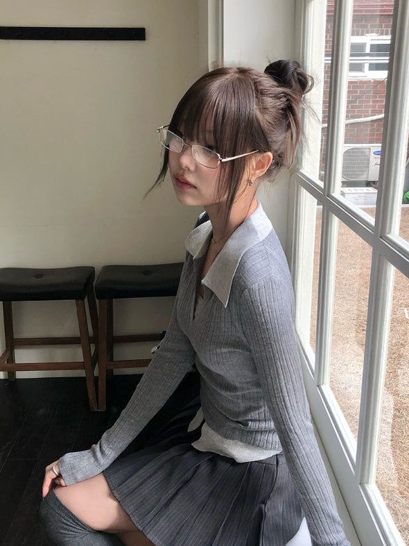 Elti Collar Color Matching Slim Ribbed Knit