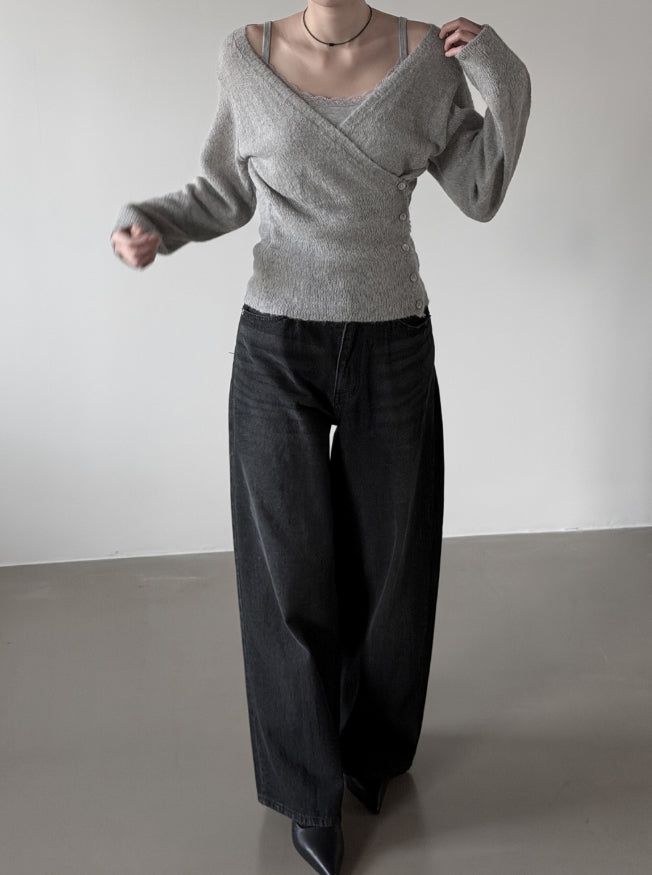Colin V-neck Wrap Button Wool Knit