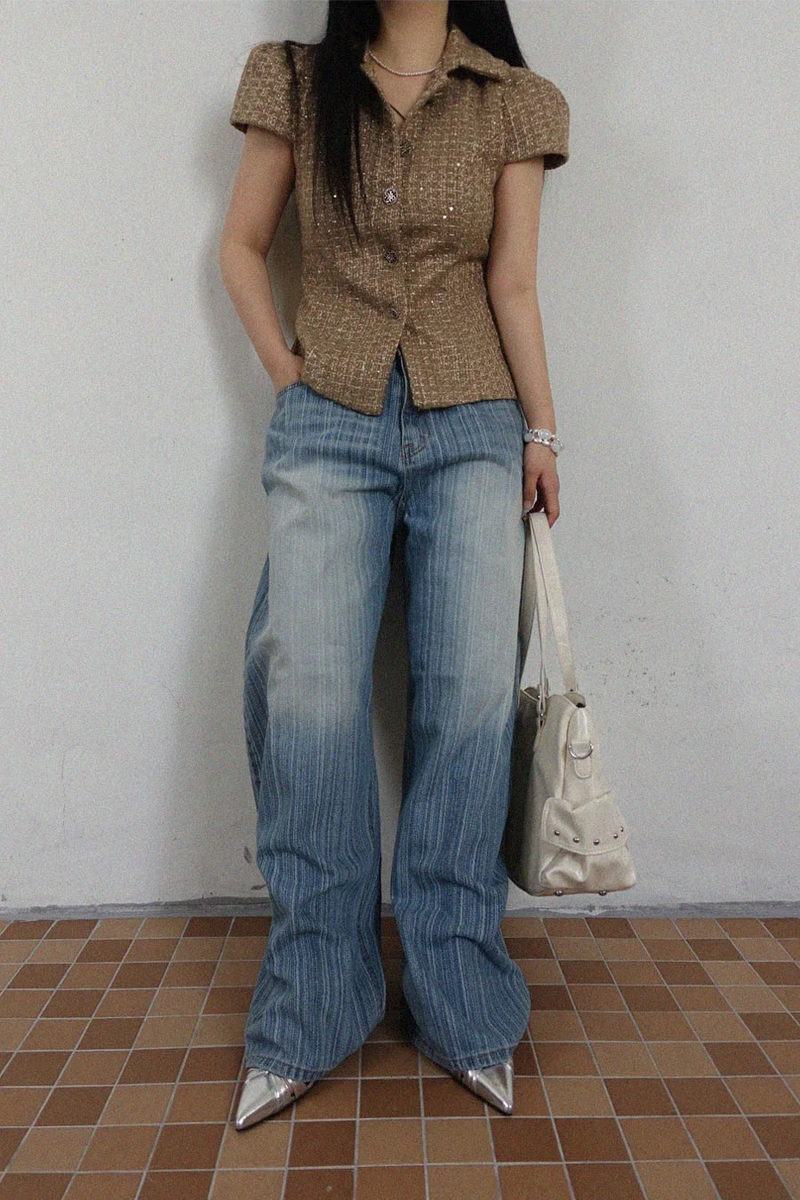 TWINKLE TWEED PUFF JACKET BLOUSE IN DARK BEIGE