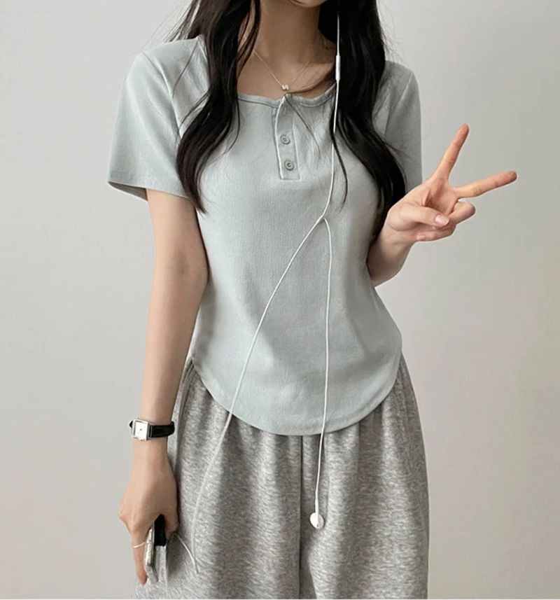 Waddoo hem round button short sleeve tee