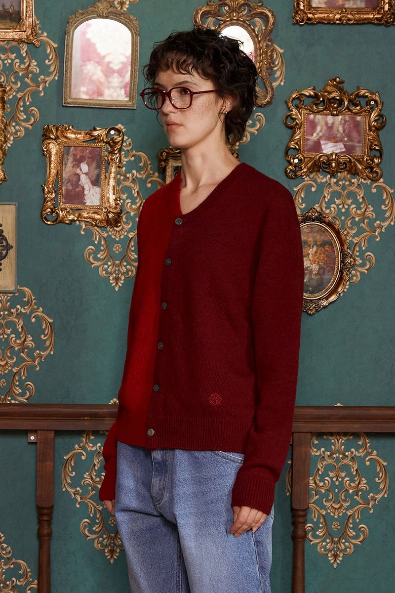 ASYMMETRY WOOL CARDIGAN / WINE&RED