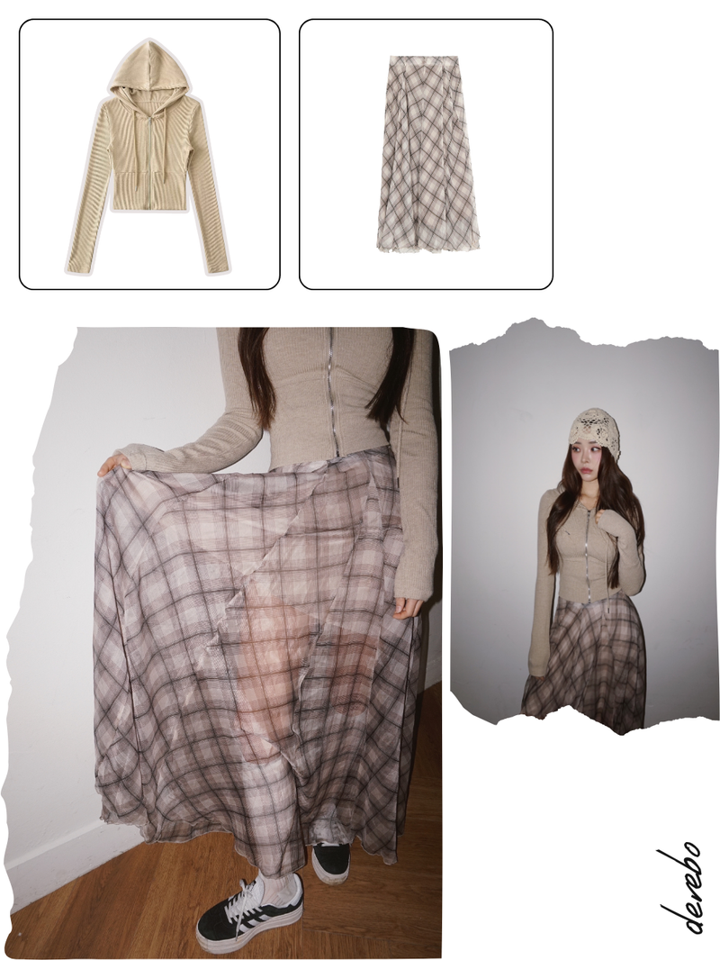 Long Check Chiffon Sharalla Skirt