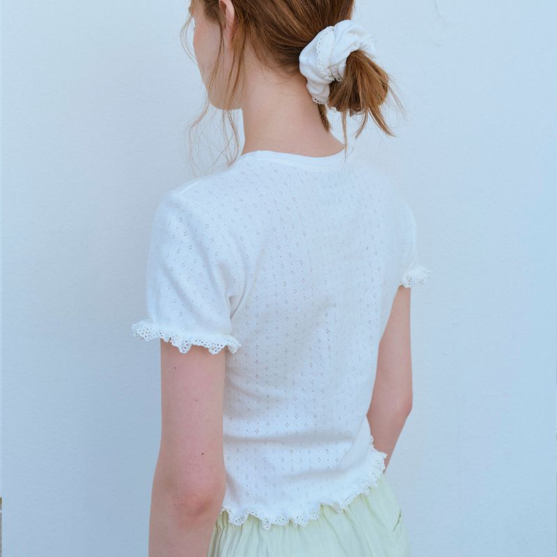 LACE HEM HALF SLEEVE TEE, WHITE