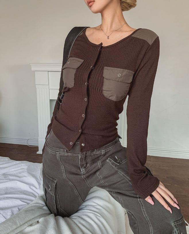 Luchi color matching pocket ribbed cardigan
