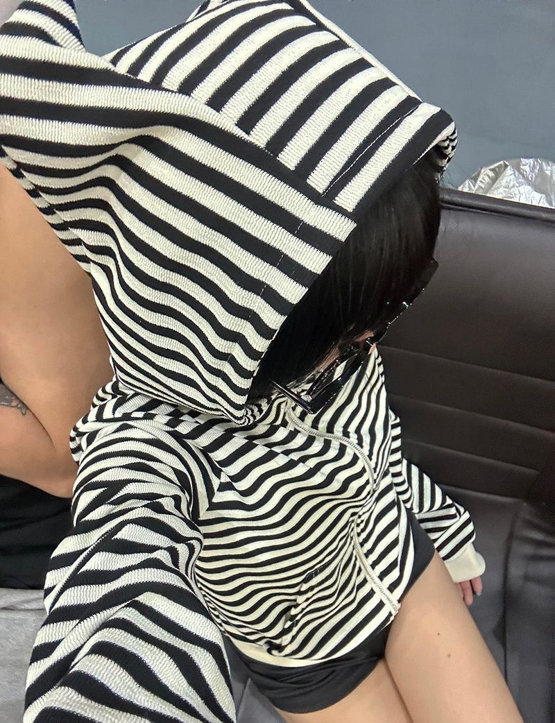 Angma Eared Hooded Stripe Zip-Up Jacket