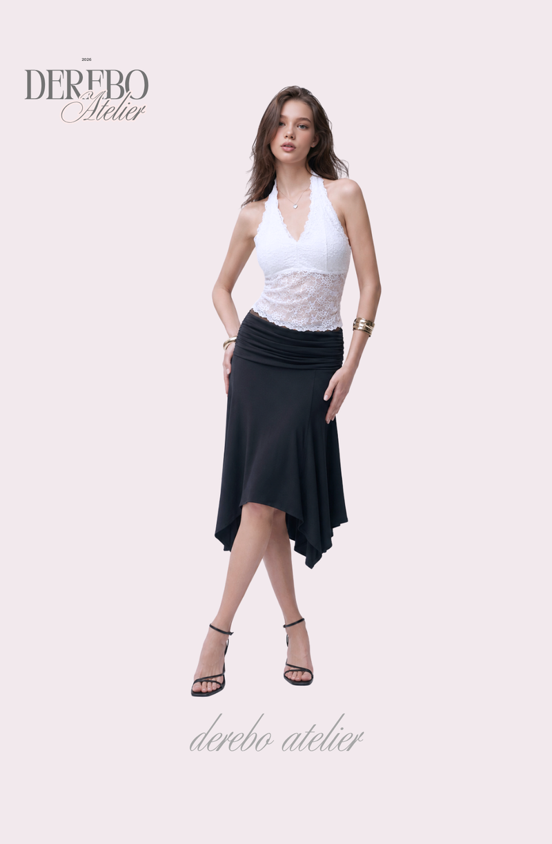 mood fit unbalanced midi long skirt