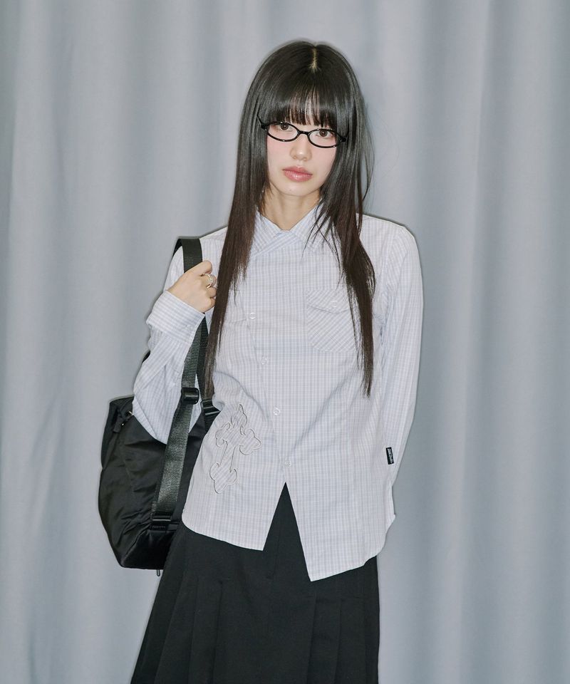Cross Applique Slimfit Check Shirt - WHITE