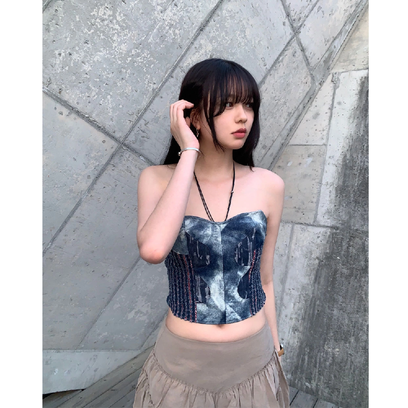 DENIM CORSET TUBE TOP_DEEP BLUE