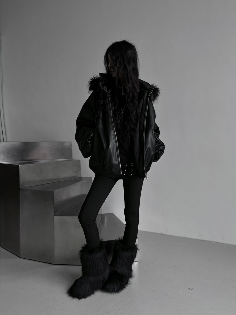 overfit fur hood leather jacket