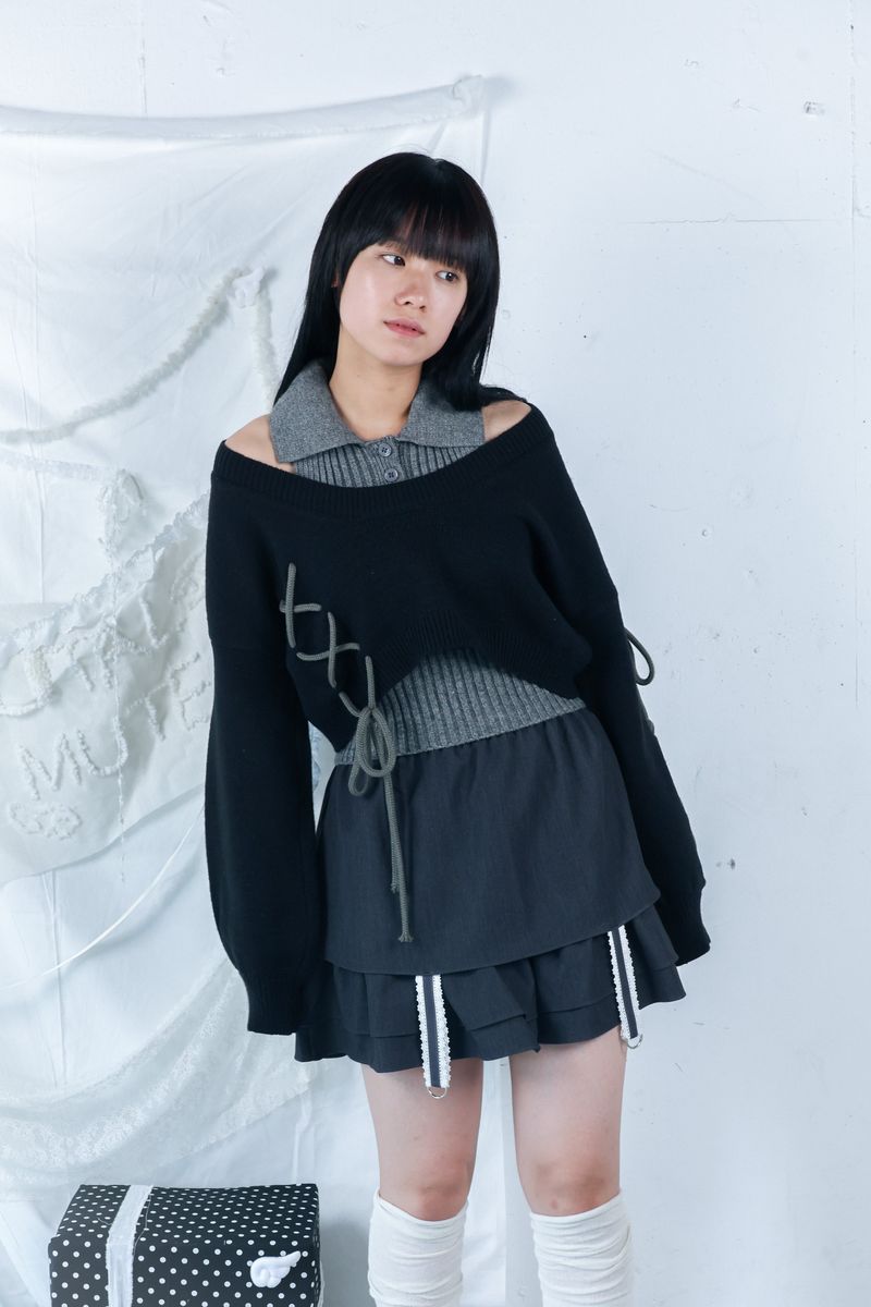 laceup ribbon knitset(black)