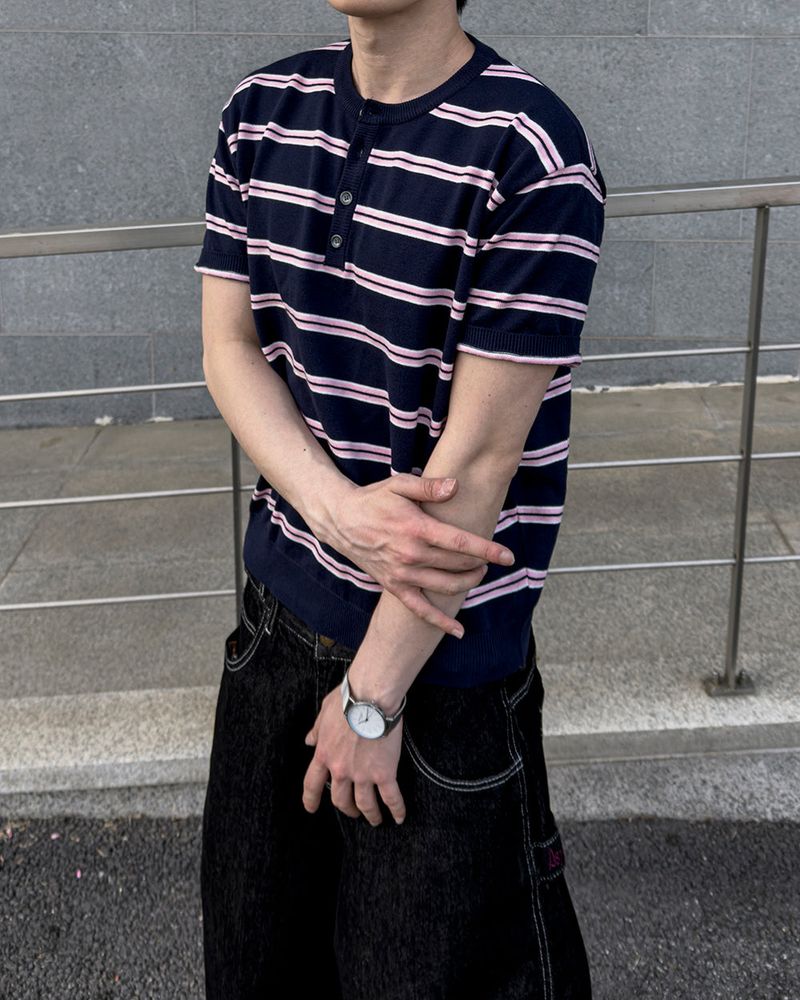 Diron Striped Henley Knit