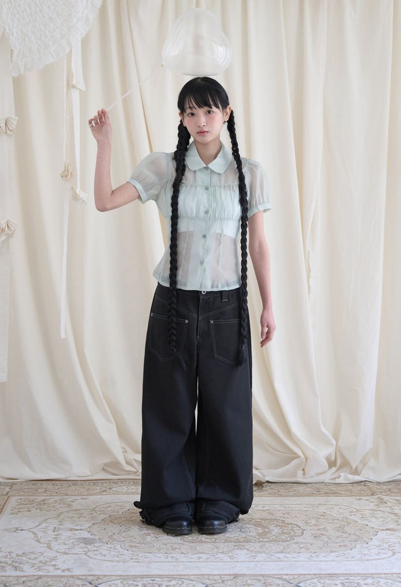 SHIRRING SHEER BLOUSE PISTACHIO