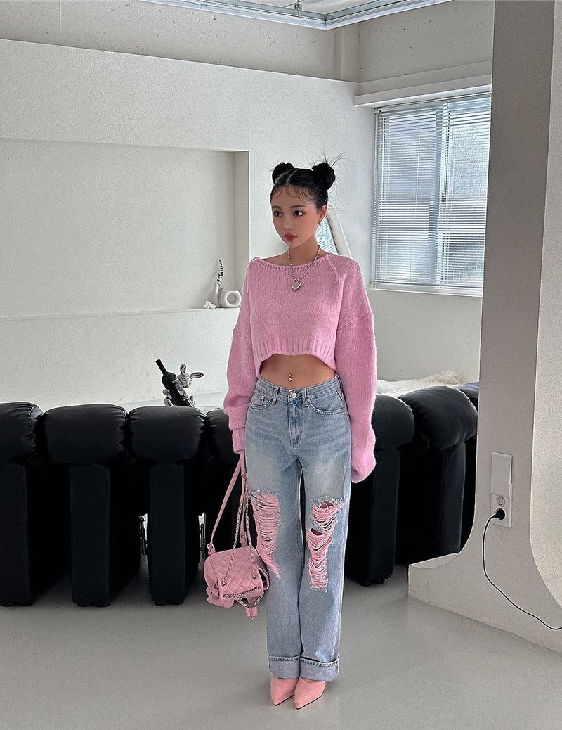 Pink Damage Wide Jeans