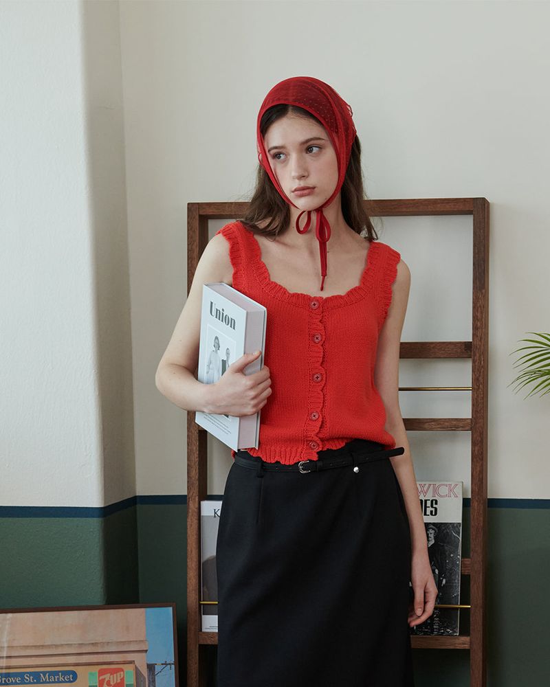 HEART SCALLOPED KNITTED TOP [RED]