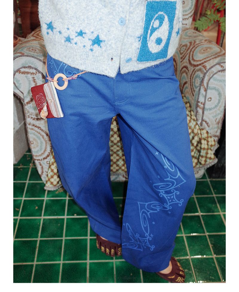 UnsocalNight2025 Original Literary Retro Autumn and Winter プリントブルーストレートマシェパンツ