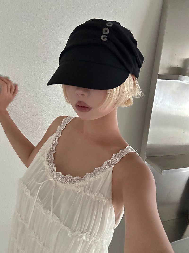 Button shirred back ribbon wrinkle sailor cap