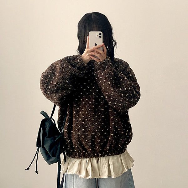 Marie Heart Dot Pattern Fleece High Neck Half Zip Up