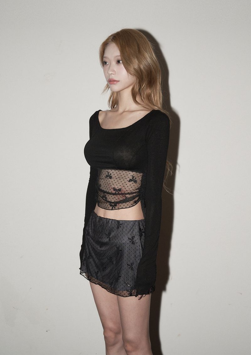 (3rd reorder) ribbon lace shirring sleeve - black