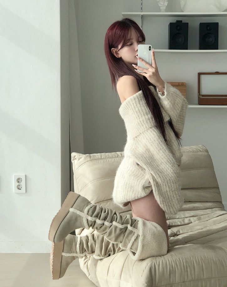 Wrinkle Shearling Platform Sole Long Ugg Boots