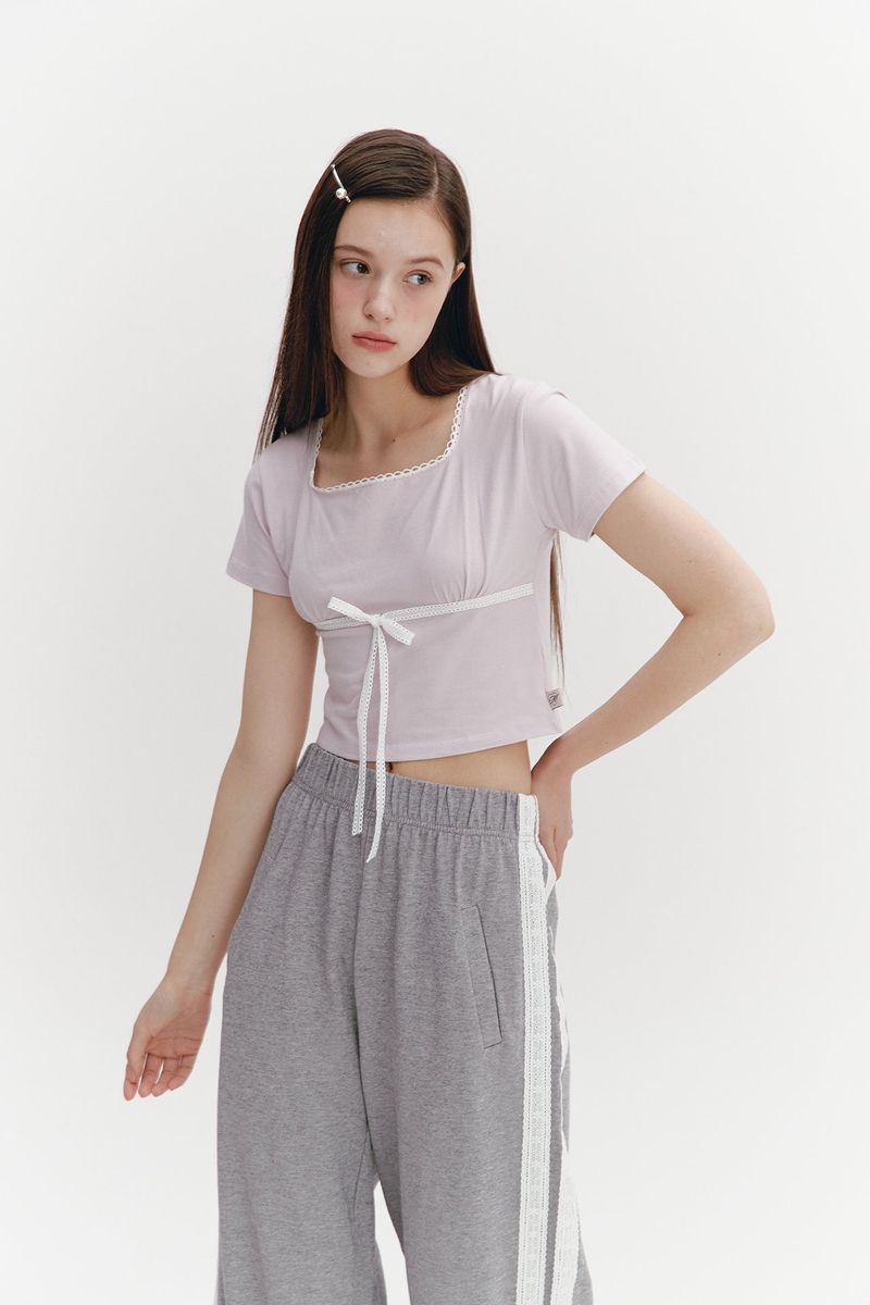Lace Ribbon Shirring Top Pink