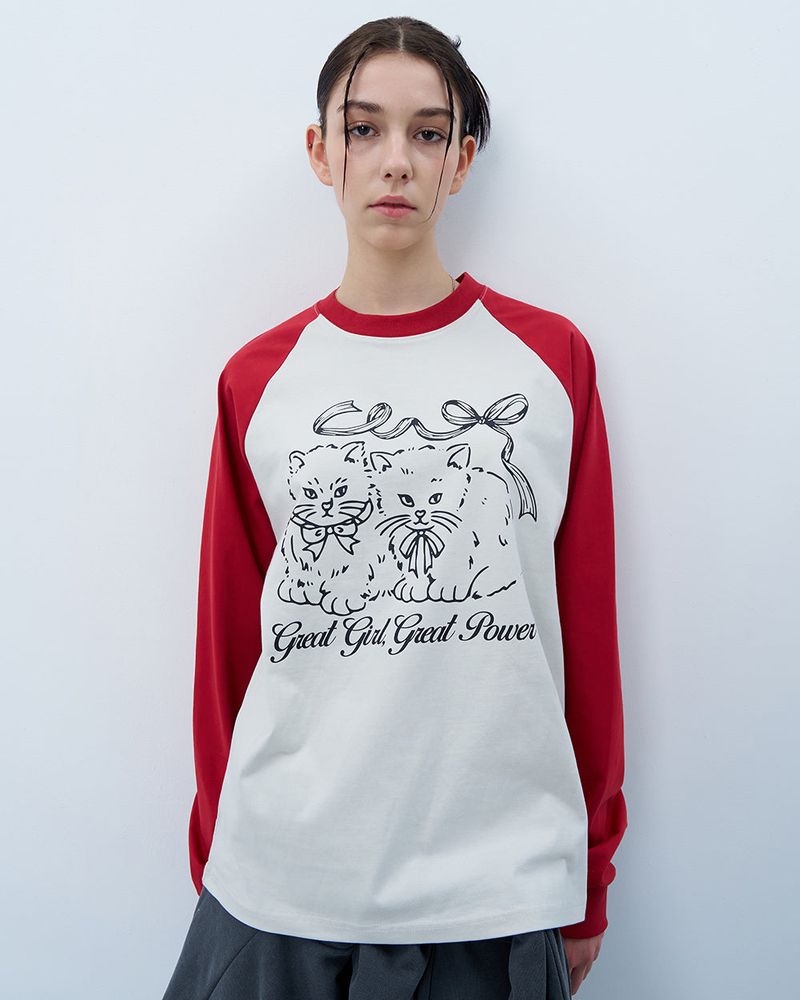 RIBBON CATS RAGLAN LONG SLEEVE-RED