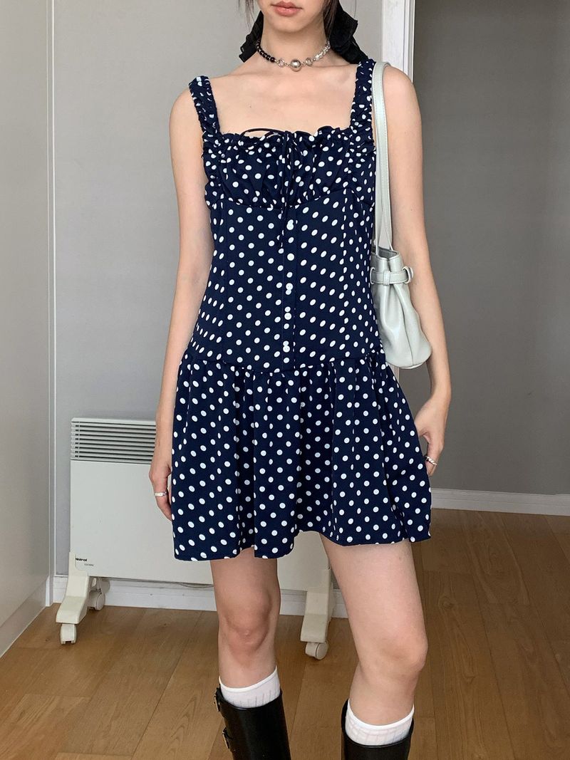 Navy Dotted Square Neck Flared Dress