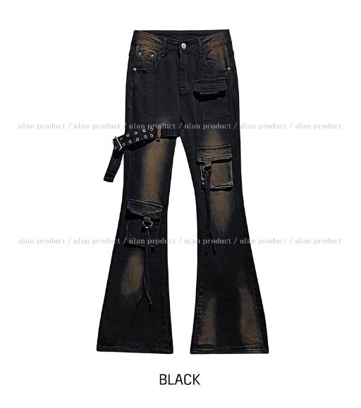 Boldy Eyelet Belted Bootcut Denim Pants