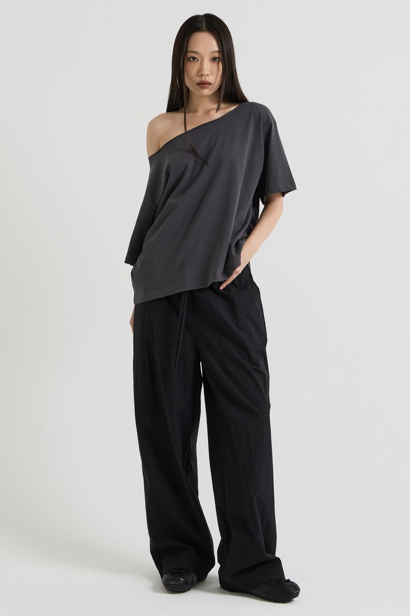 Cotton wide banding pants, Black