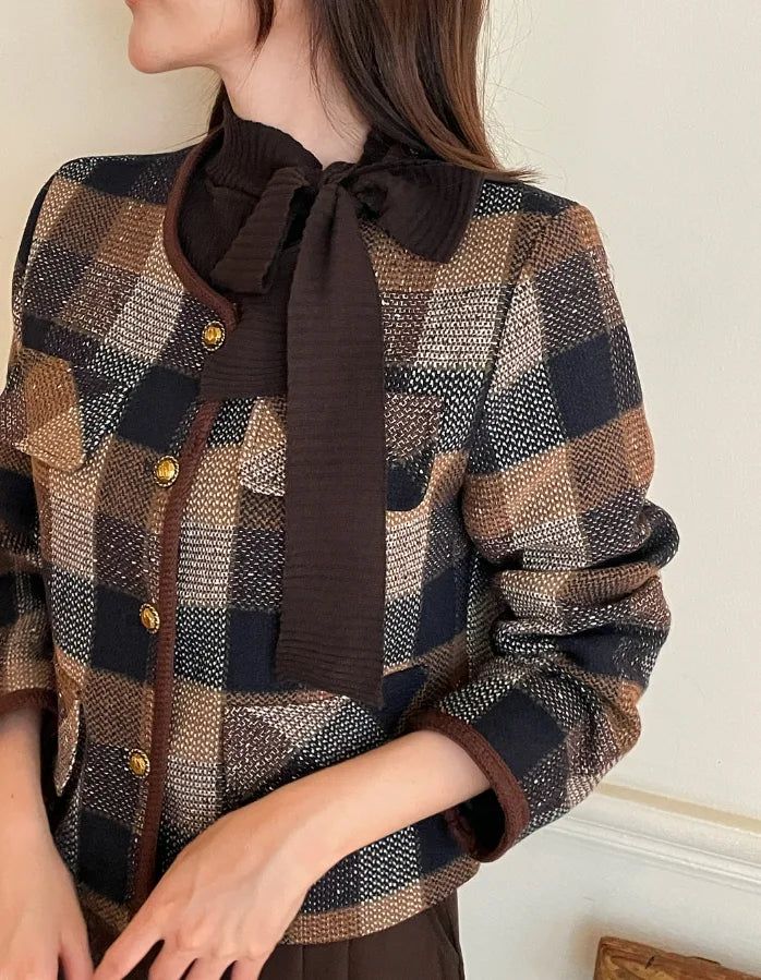 LT Round-Neck Color Matching Check Tweed Jacket