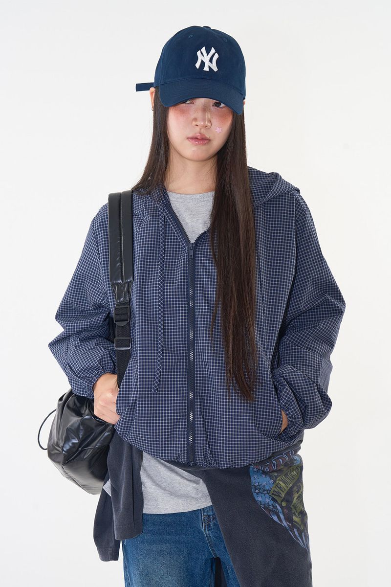 Loop check hoodie zip-up jumper