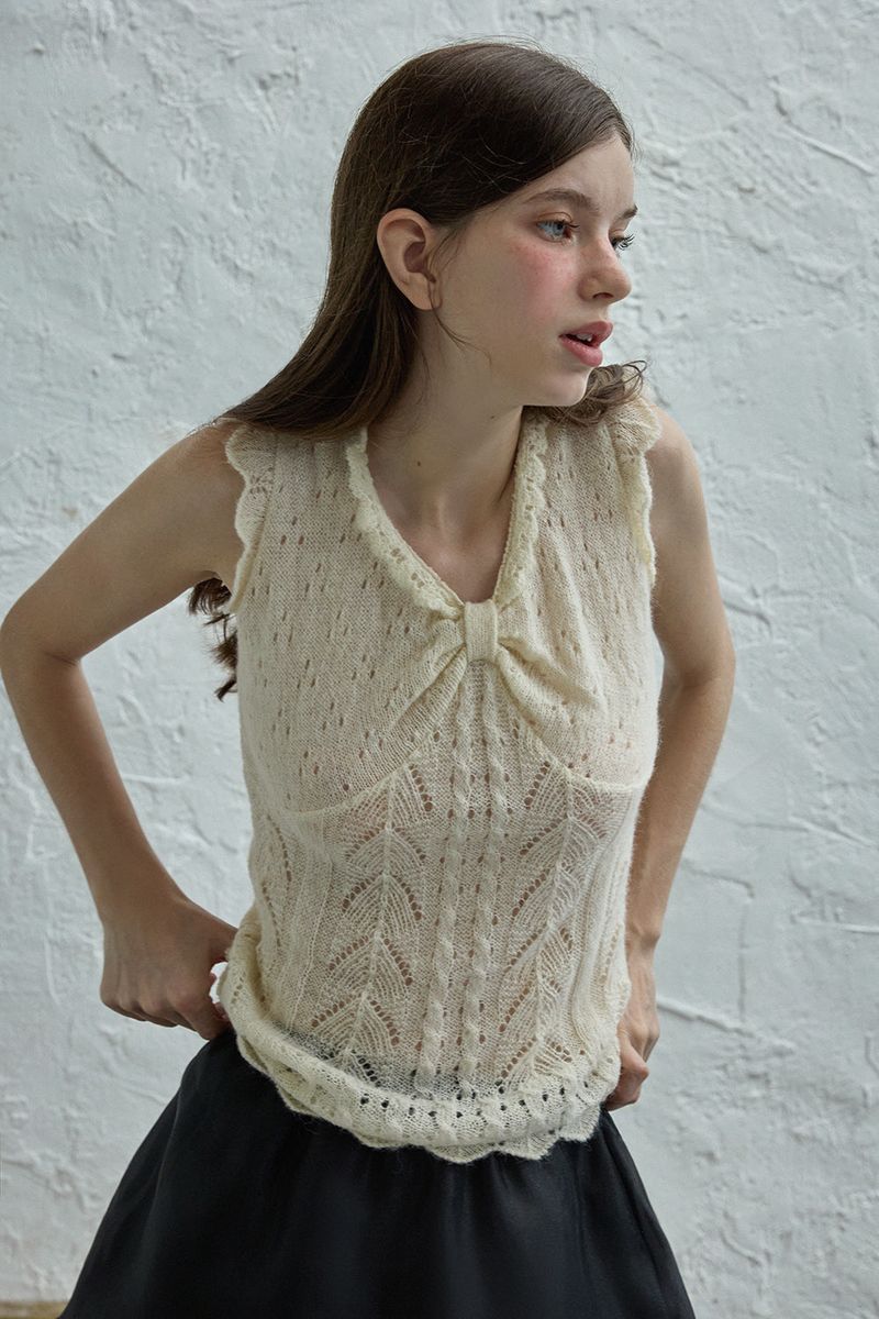 Ribbon sleeveless knit_cream