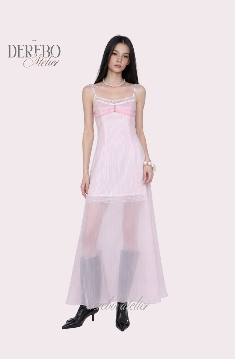 Pink chiffon see-through long dress
