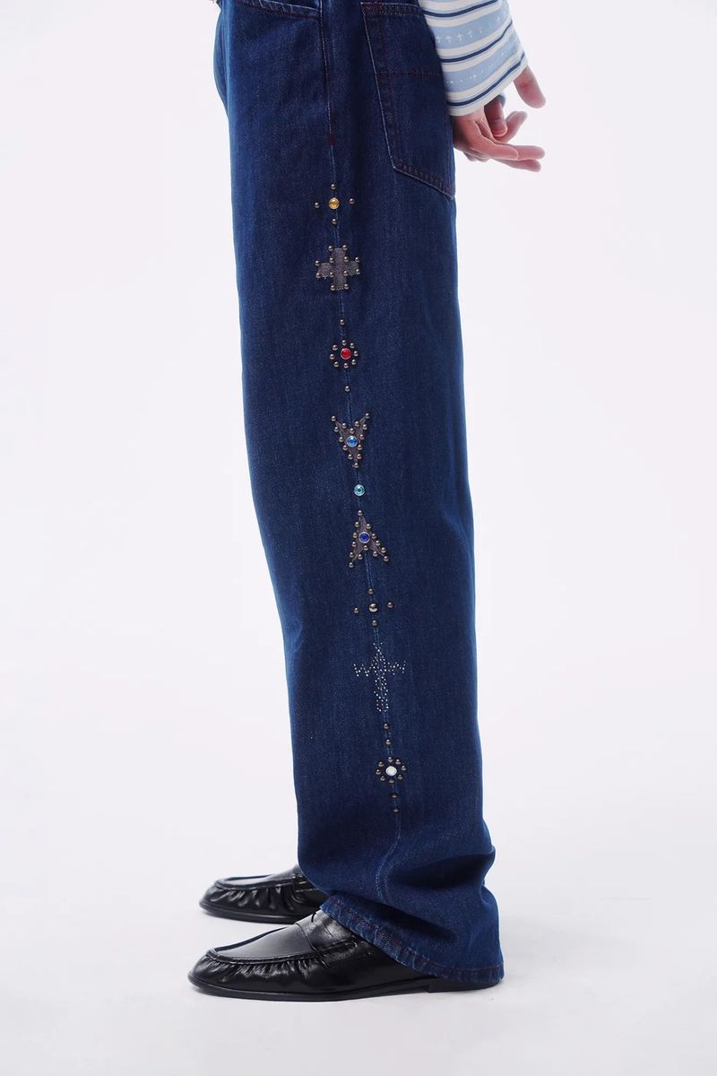TOTEM RIVET FLOCKED DENIM PATCH STRAIGHT TAILORED JEANS