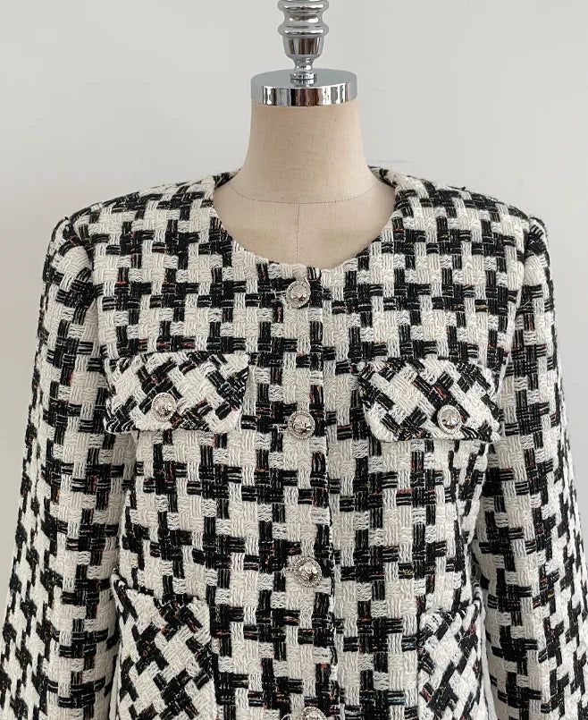 Carson Round-Neck Check Tweed Jacket