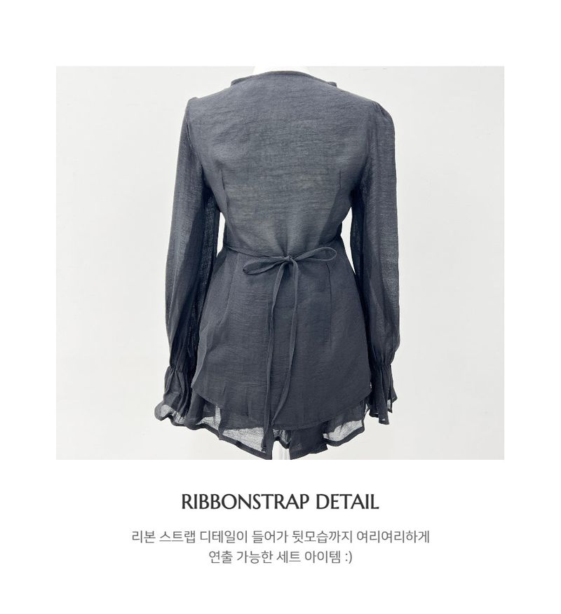 Ribbon puff strap blouse skirt pants setup SET (3 colors)