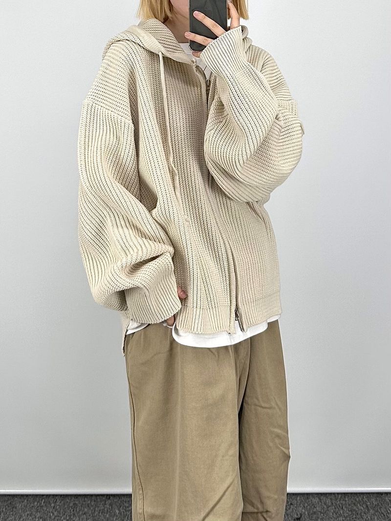 Warm hooded knit zip-up
