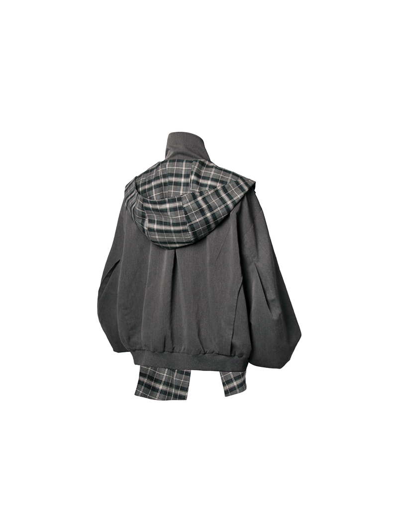 RELABEL Three-dimensional Composition(Extended Form) Detachable Check Shaped Hood Silhouette Draped Jacket