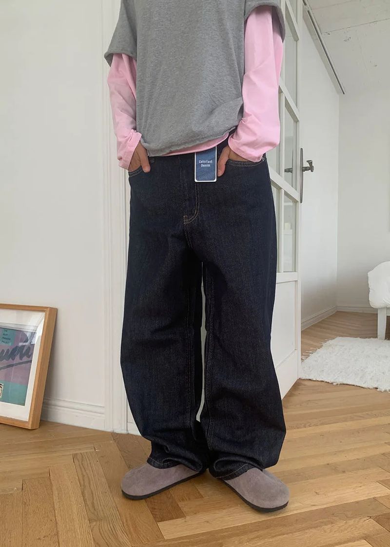 (UNISEX) NONFADE INDIGO WIDE DENIM (S-L)