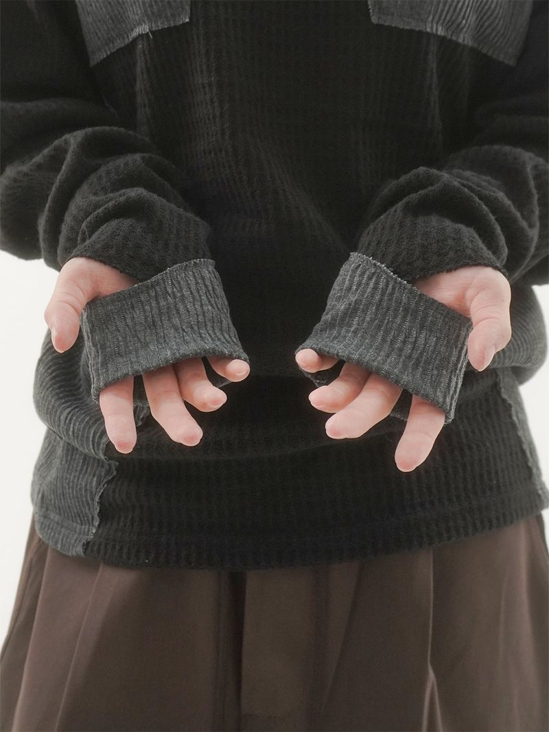 Woksta henley neck finger hole hood knit -3C