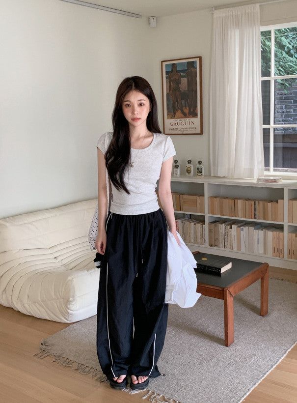 Basic Slim Rib U-neck Short Sleeve T-shirt (5color)