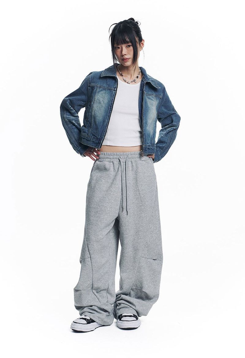 Washed Crop Track Denim Jacket - Deep Blue
