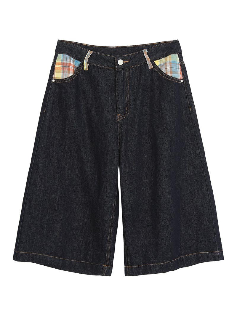 Checked pocket dark blue wide cropped denim
