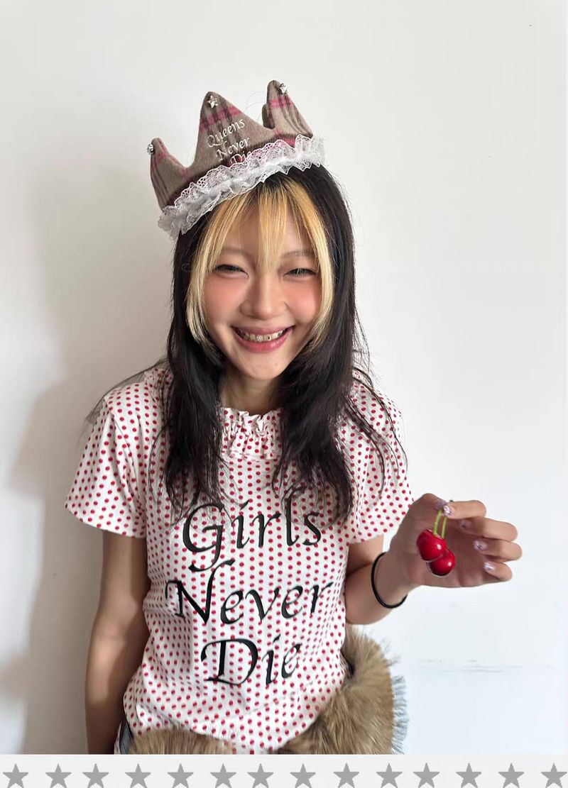 イスケープパラダイス Loveplayshop "ガールズネバーダイ" レッドポルカドットショートスリーブシャツ