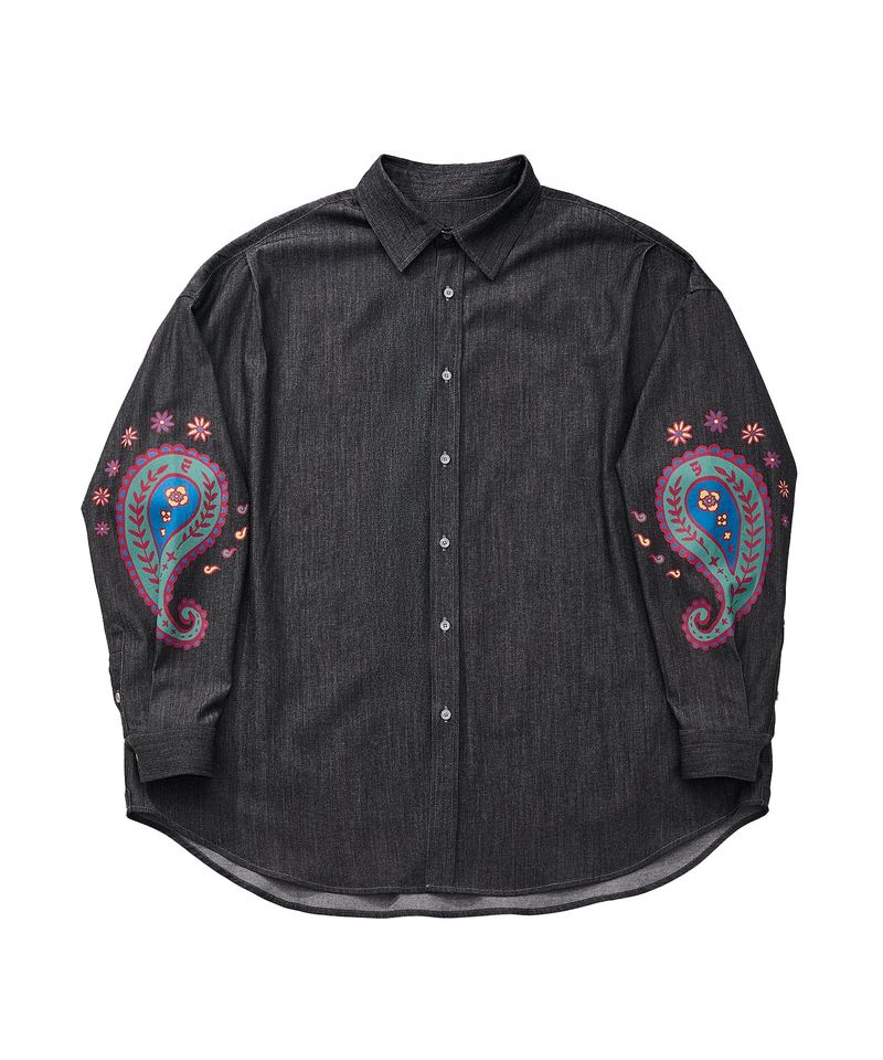 A NOTHING（アナッシング）の「PAISLEY PRT. DENIM PLEATS SHIRT (Black)（Tops）」