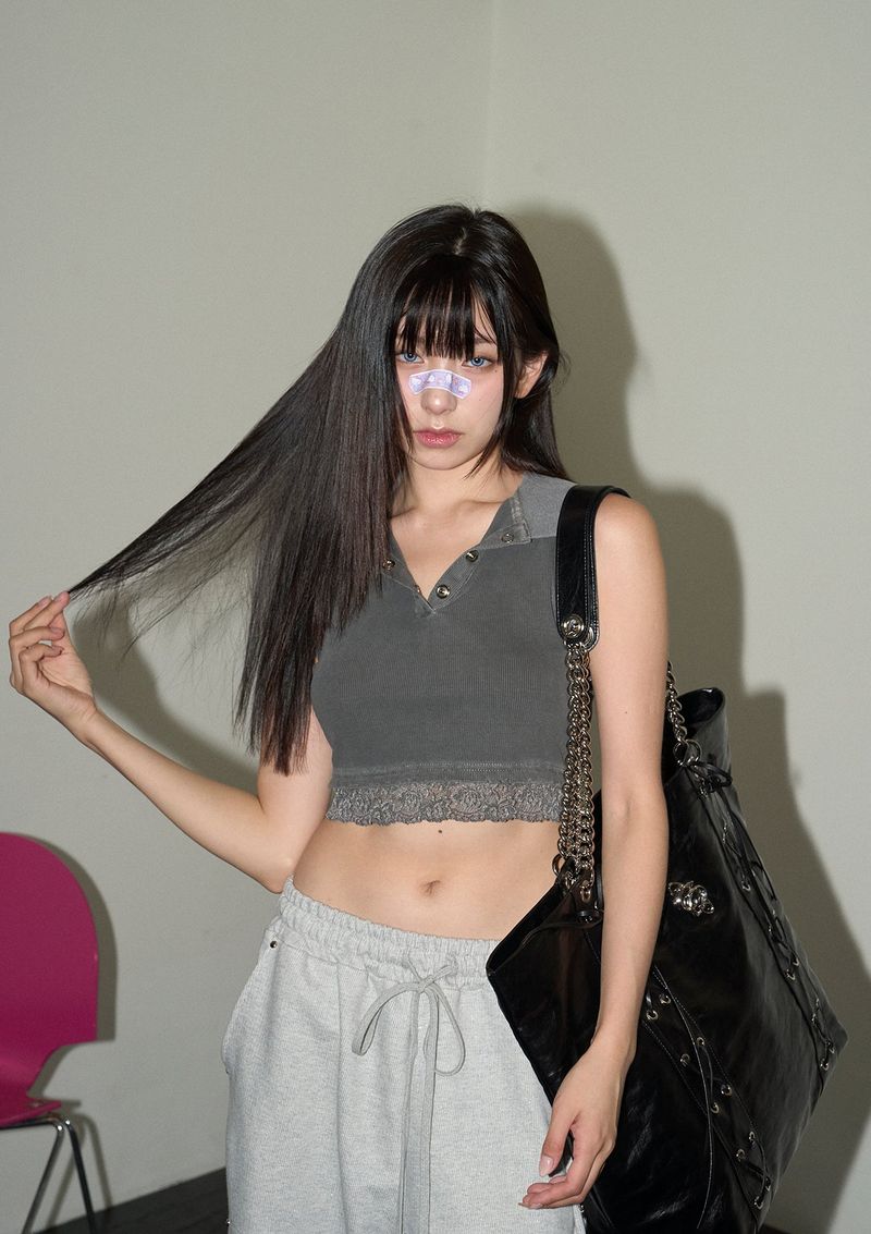(2nd reorder) stud lace pk top - charcoal