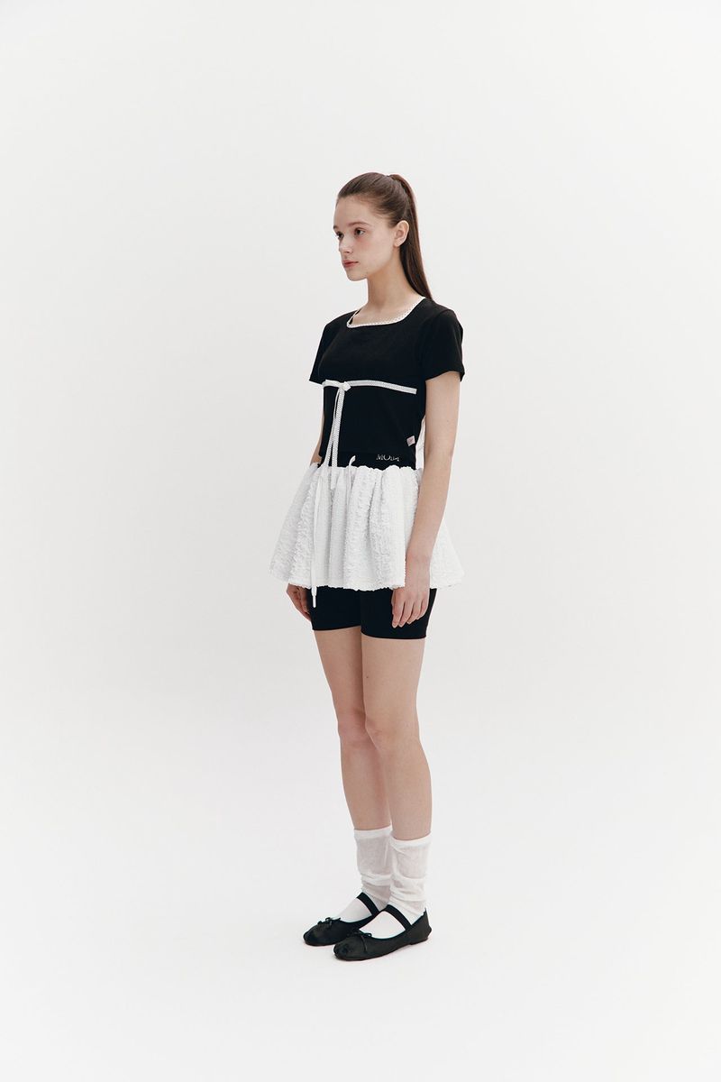 Lace Ribbon Shirring Top Black