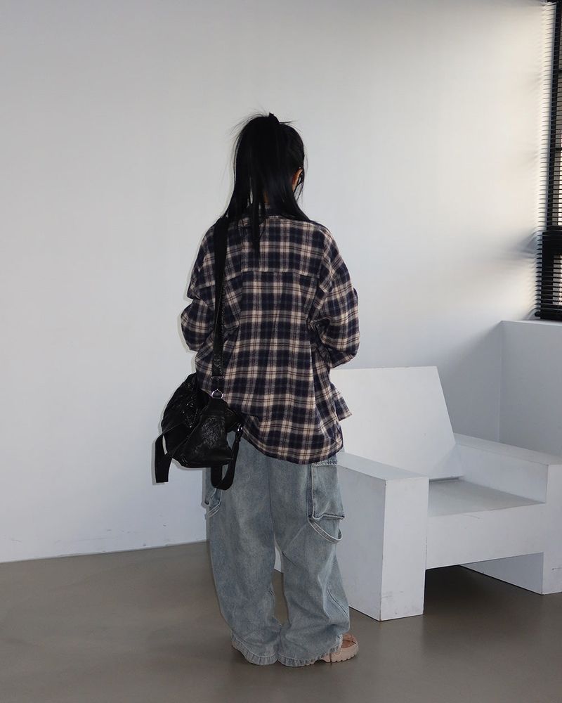 a navy checkered shirt
