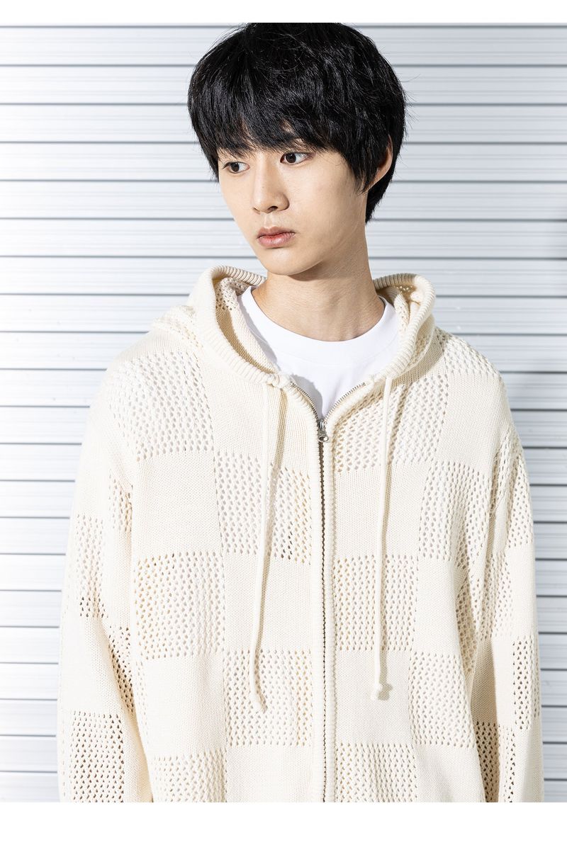 CHECKERBOARD MESHED ZIP-UP KNIT