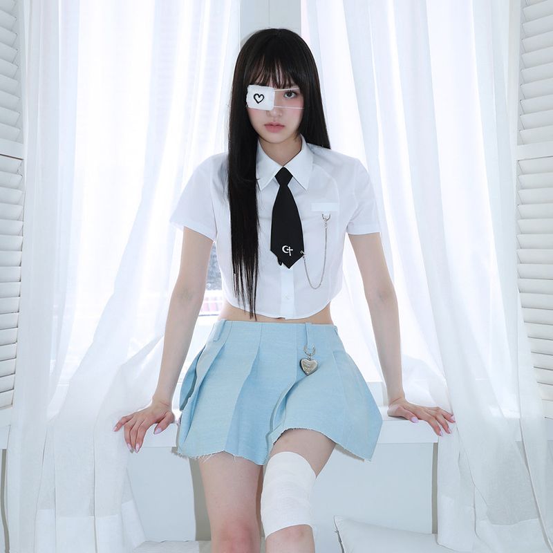 1 0  denim pleated skirt - LIGHT BLUE